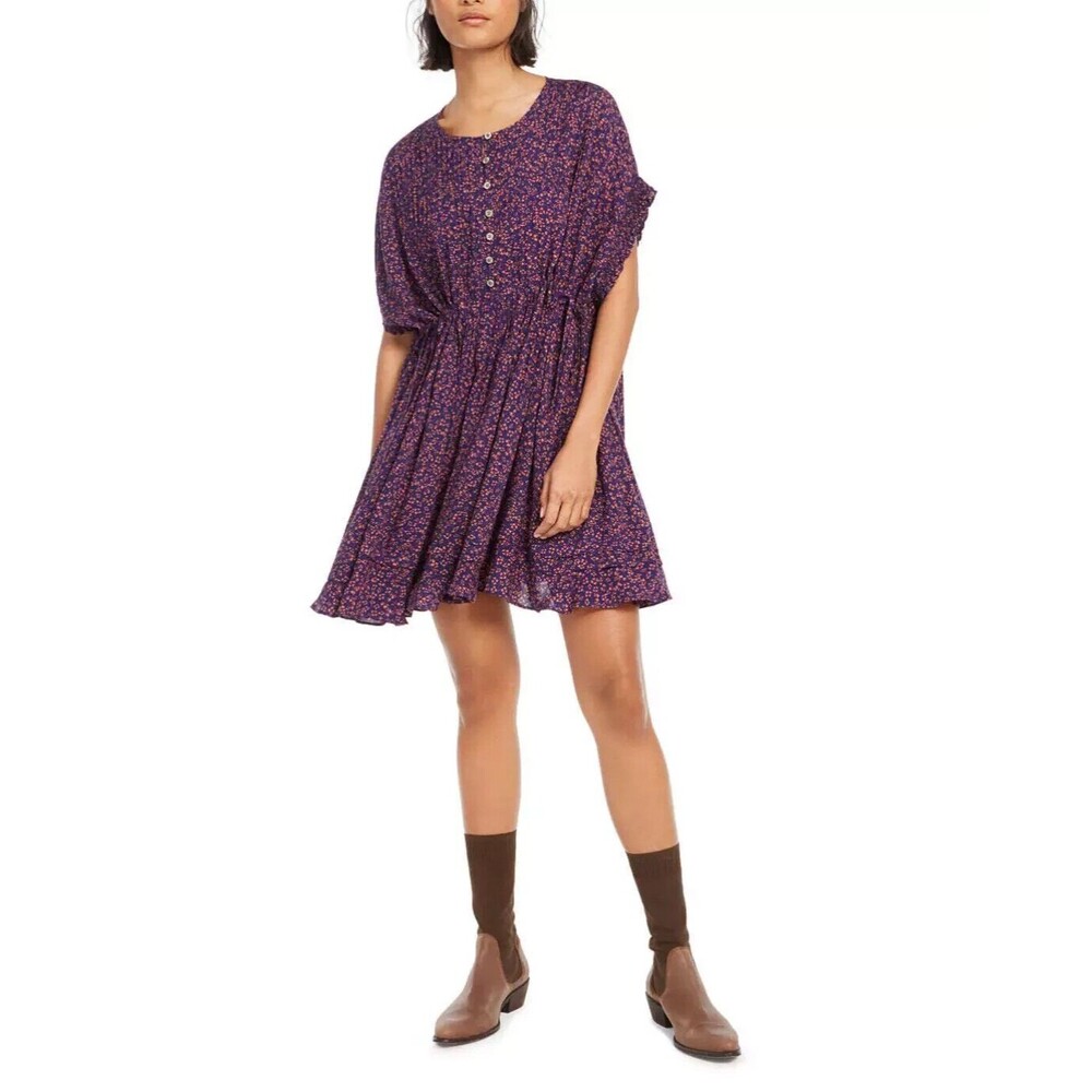 Free People Purple Floral Button Front Mini Dress‎ S Boho Babydoll Cinched Waist